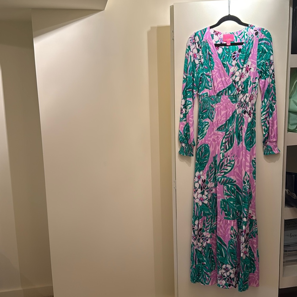 Lilly Pulitzer Mistral Magnolia Print Long Sleeve Maxi Dress Smocked Size S